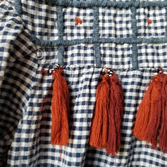Zara Woman Gingham Check Embroidered Tassel Top Boho Blue White Womens Size S - Picture 8 of 12
